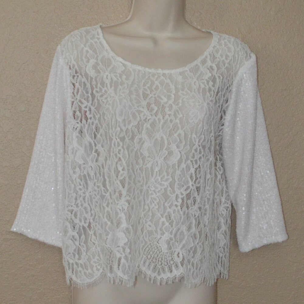 Sz 4 Loyd/Ford White Lace Top Contrast Sequin 3/4 Sleeve Blouse Top